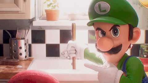 Mario and Luigi staring at the camera intensely fixing a sink with tools. 