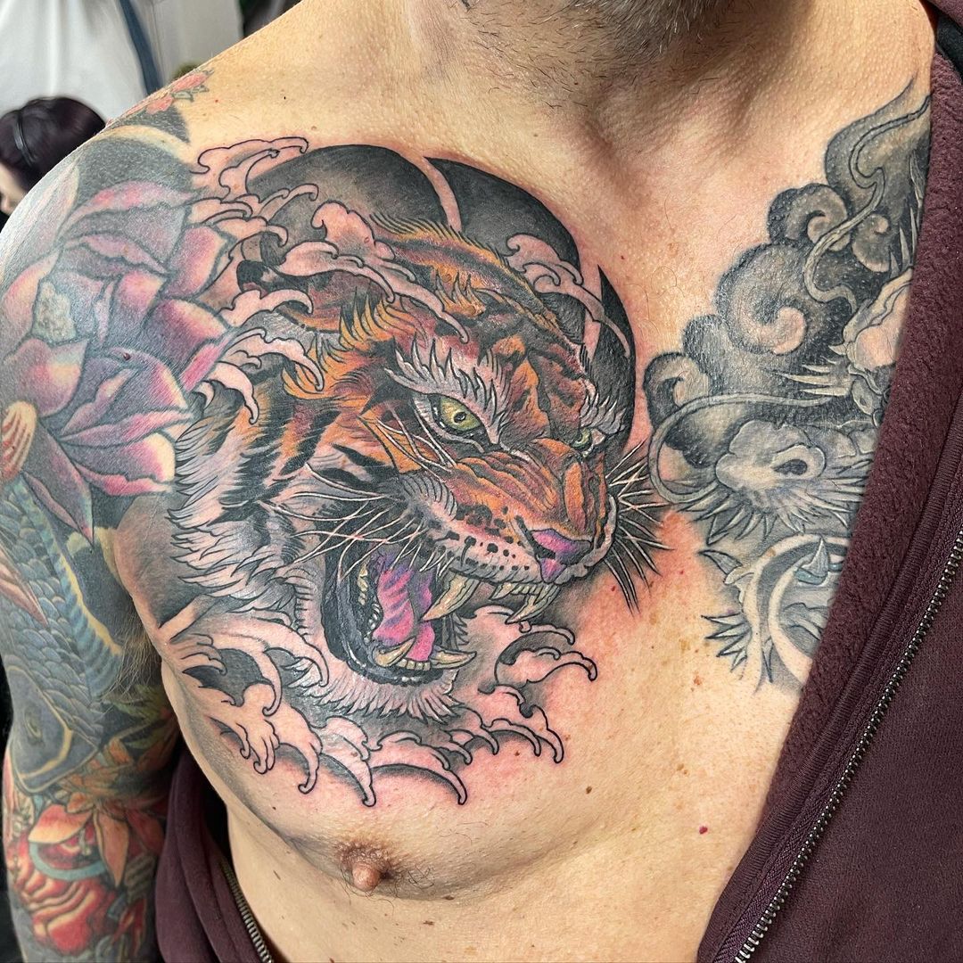 Oriental Tiger Chest Tattoo Design