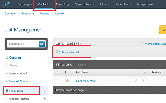 Criando uma nova lista de e-mail