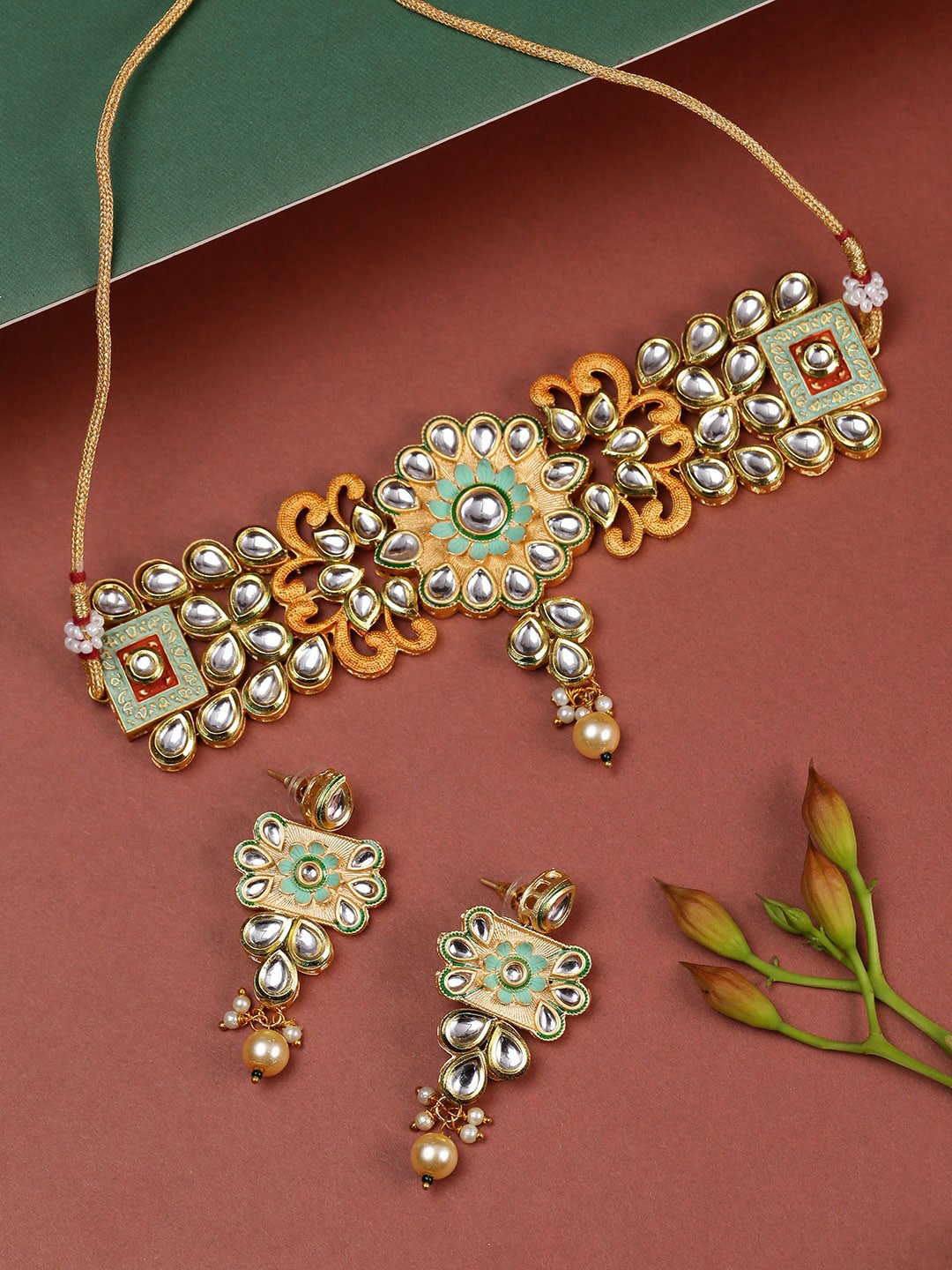 Mint Green Kundan Pearls Gold Plated Meenakari Choker