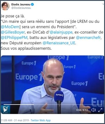 Tweet Elodie Jauneau cite Gilles Boyer : Un maire qui sera élu sans l'apport de LREM ou du MoDem sera un ennemi du président