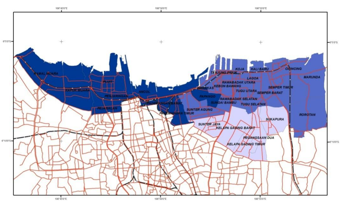 Gambar 2: Tingkat bahaya banjir rob di Jakarta Utara berdasarkan Peraturan Kepala BNPB No 2 Tahun 2012