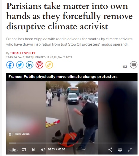 A viral video showing citizens evicting climate-change activists for obstructing traffic on a Paris road is being falsely claimed as an incident where motorists are dragging away people offering Namaz in the middle of the road.