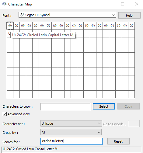 searching for Circled M symbols text in character map view