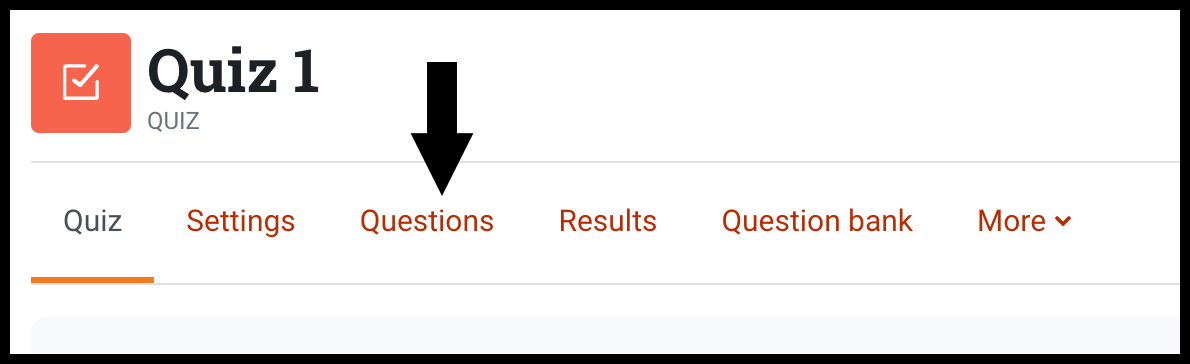 Quiz page with menu horizontally placed and the following menu items listed: Settings, Questions, Results, Question Bank and More