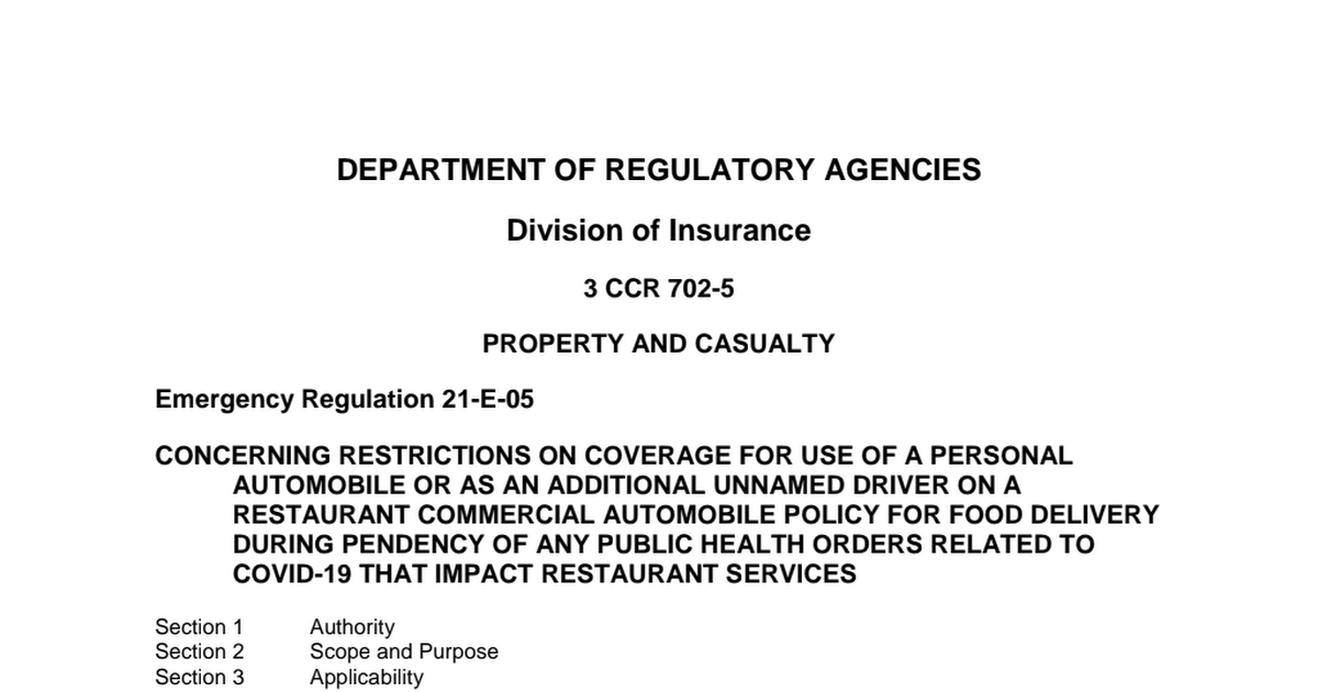 Emergency Regulation 21E05 Concerning Restrictions on Coverage for