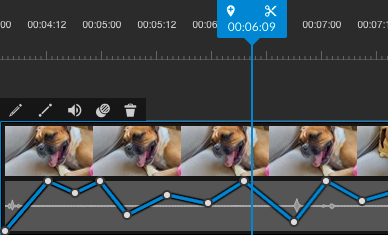 Audio adjustments on a video thumbnail of a dog in the WeVideo timeline. 