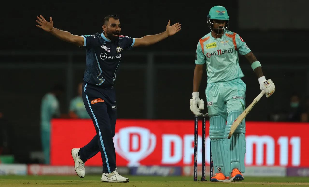 A crushing first delivery from Mohammad Shami which got the outside edge of Rahul's bat