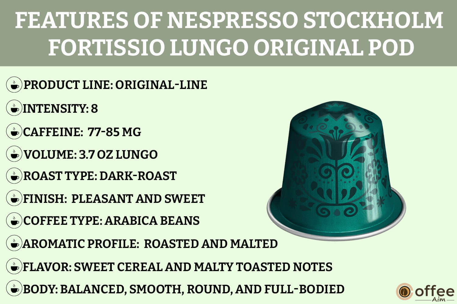 This image showcases the features of the Stockholm Fortissio Lungo Original-Line Pod for our Nespresso Stockholm Fortissio Lungo Original-Line Pod Review article.