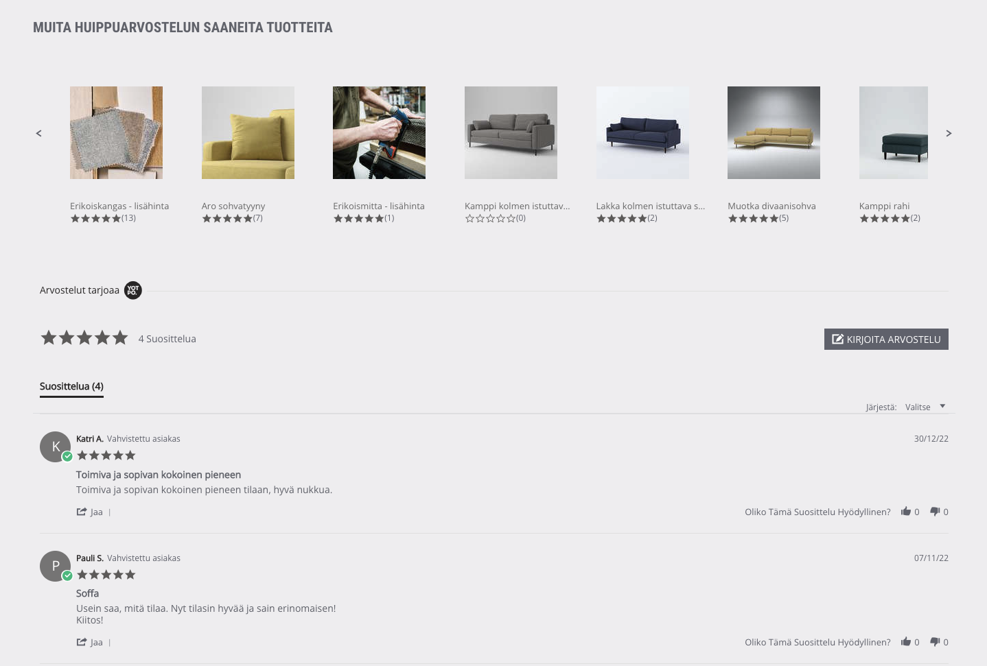 Yotpo recommended products with product review widget from one of our clients Kustom.fi, a Finnish furniture company