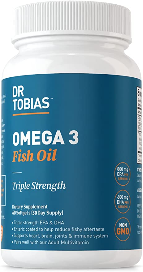 Dr. Tobias Omega 3 Fish Oil – Triple Strength Dietary Nutritional Supplement – Helps Support Brain & Heart Health, Includes EPA & DHA – 2000 mg per Serving, 60 Soft Gel Capsules