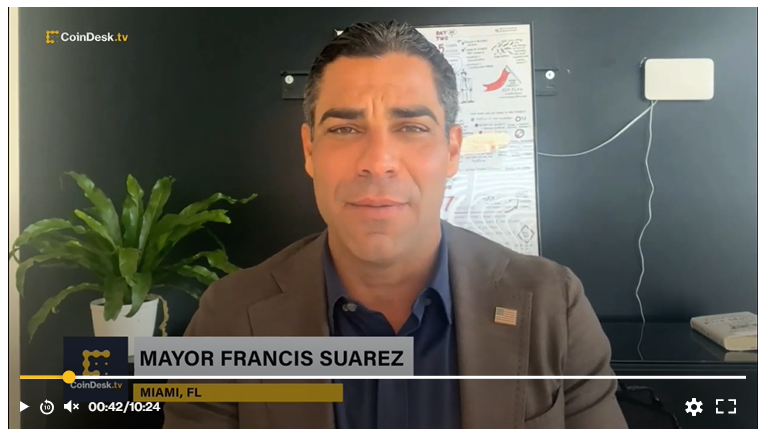 Mayor Francis Suarez speaking with CoinDesk TV
