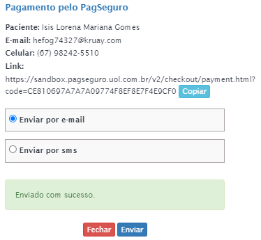 Janela de envio de link de pagamento por PagSeguro com mensagem de confirmação de envio do link.
