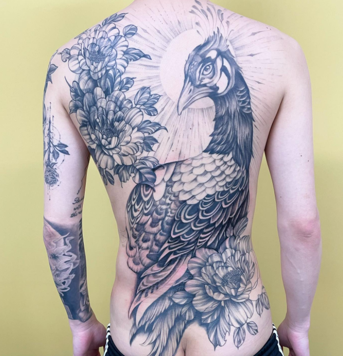 Peacock Floral Back Tattoo