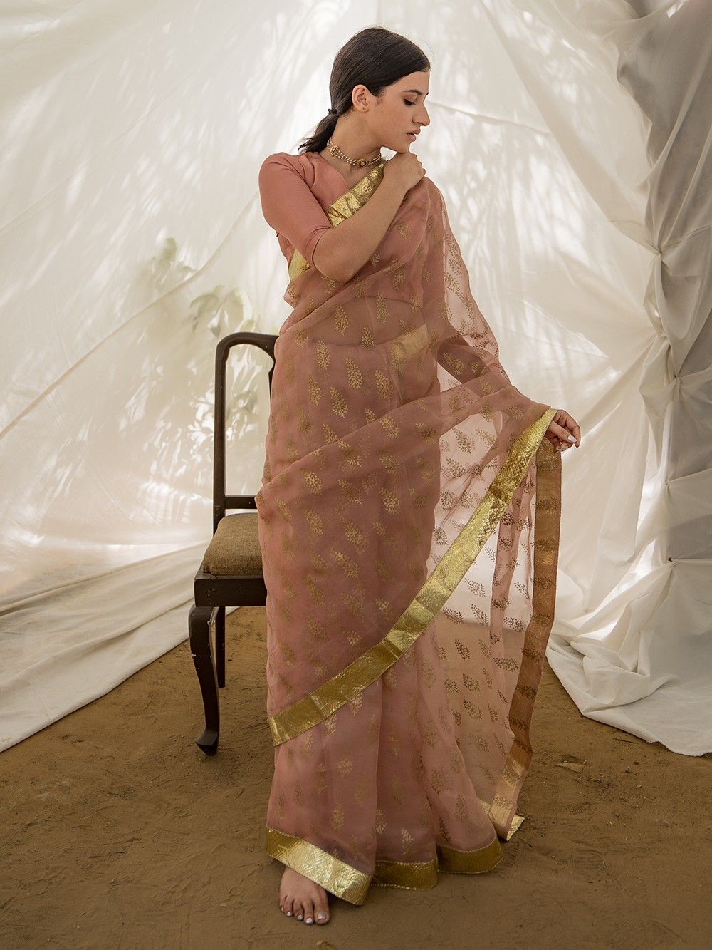the loom - Pink Hand Block Printed Organza Silk Saree 