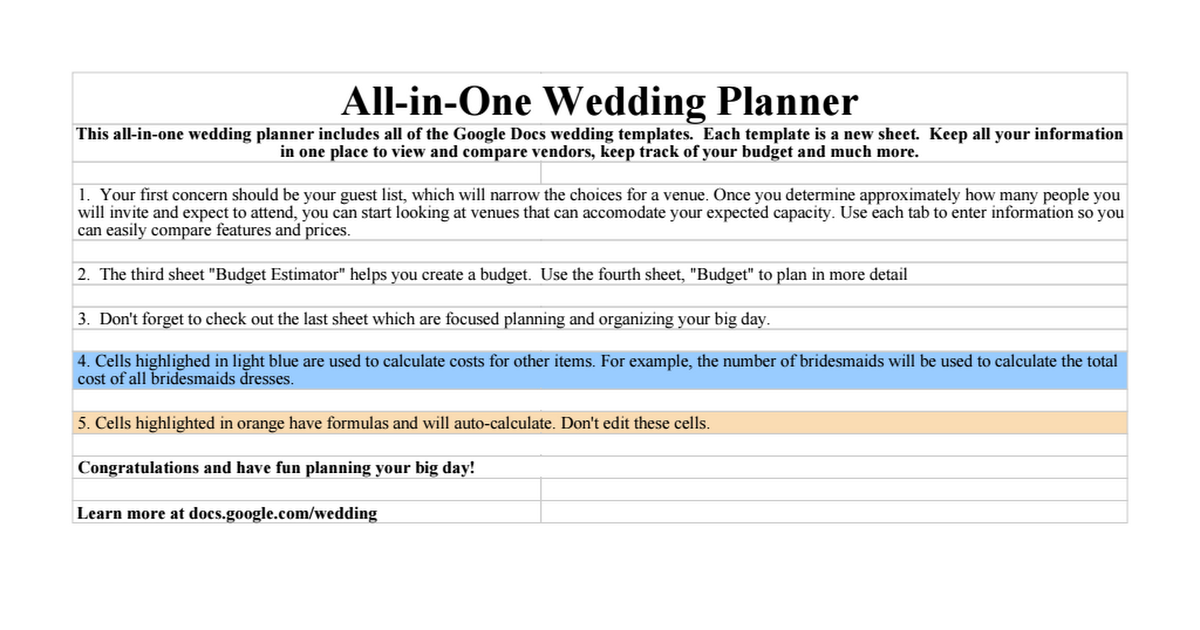 Wedding: All-in-One Wedding Planner - Google Sheets