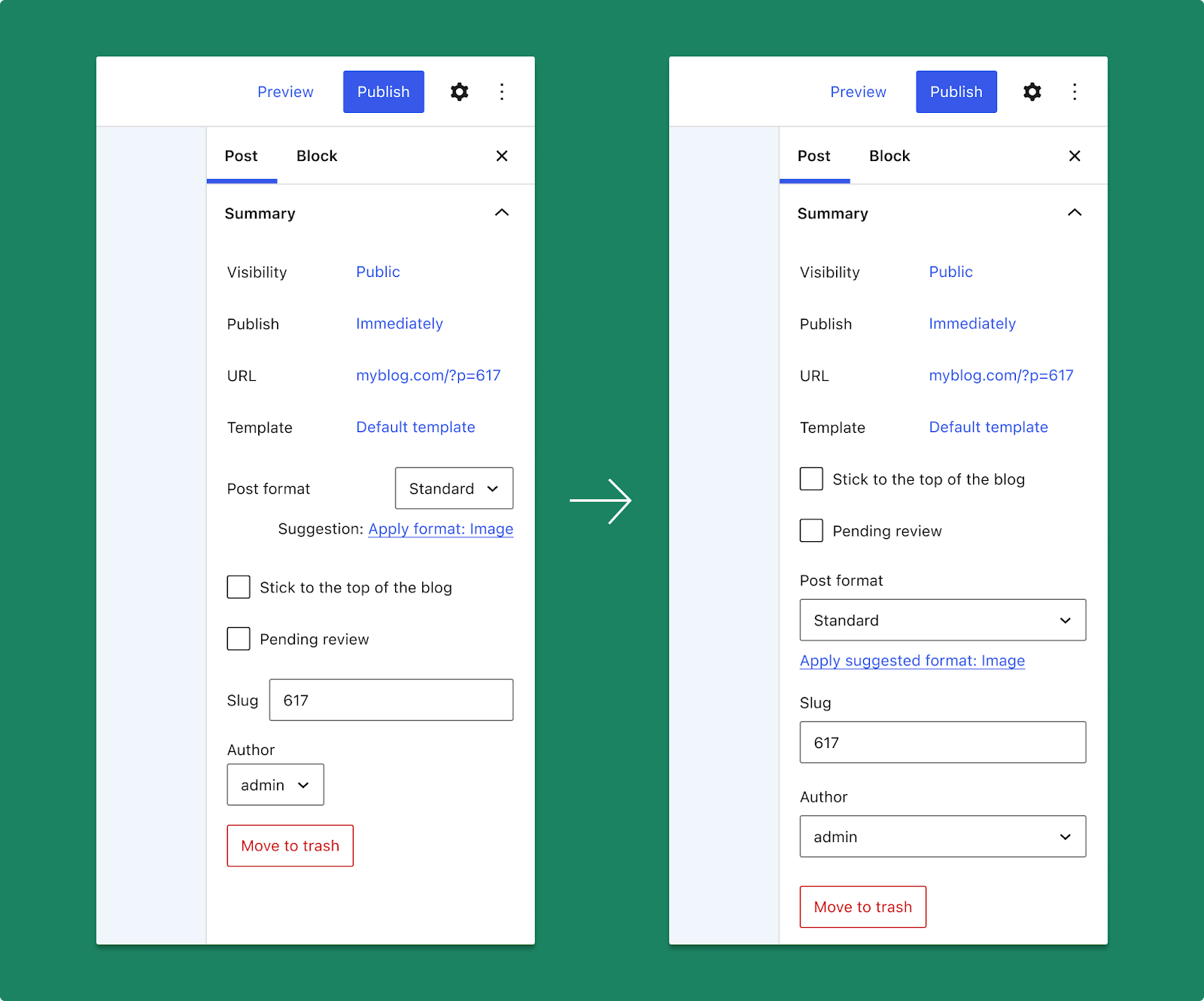 Before and after images of the document settings sidebar against a green background.