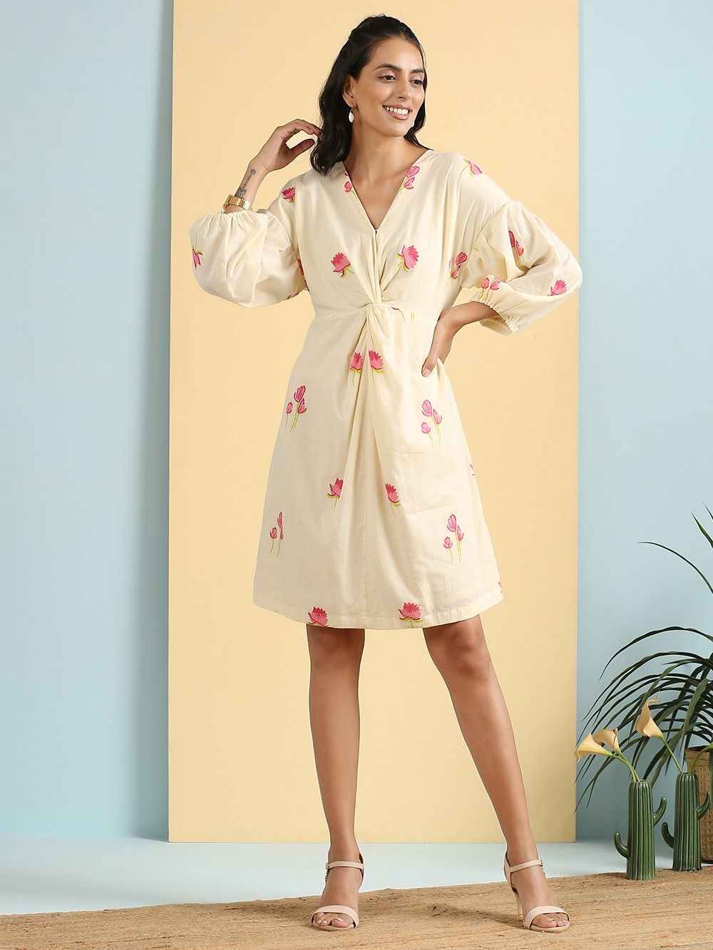 the loom - Off White Pink Printed Cotton Dress
