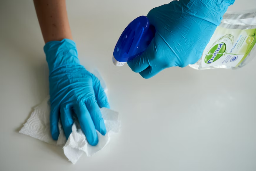 Cleaning mouse uring from the floor using a Dettol spray. Cleaner has blue rubber gloves on.