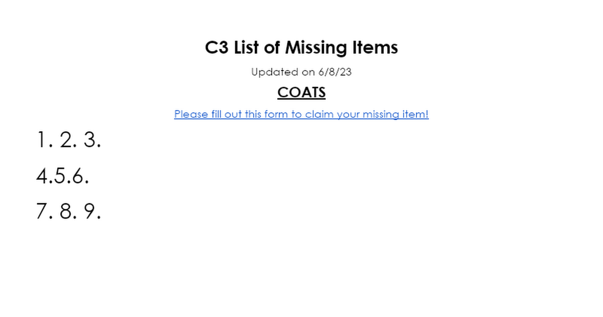 C3 List of Missing Items
