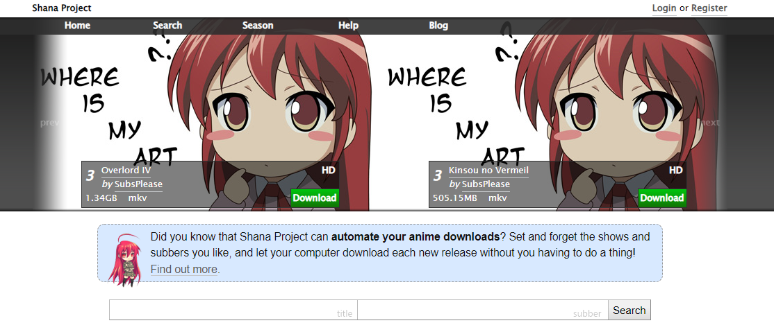 Shana Project torrenting site page
