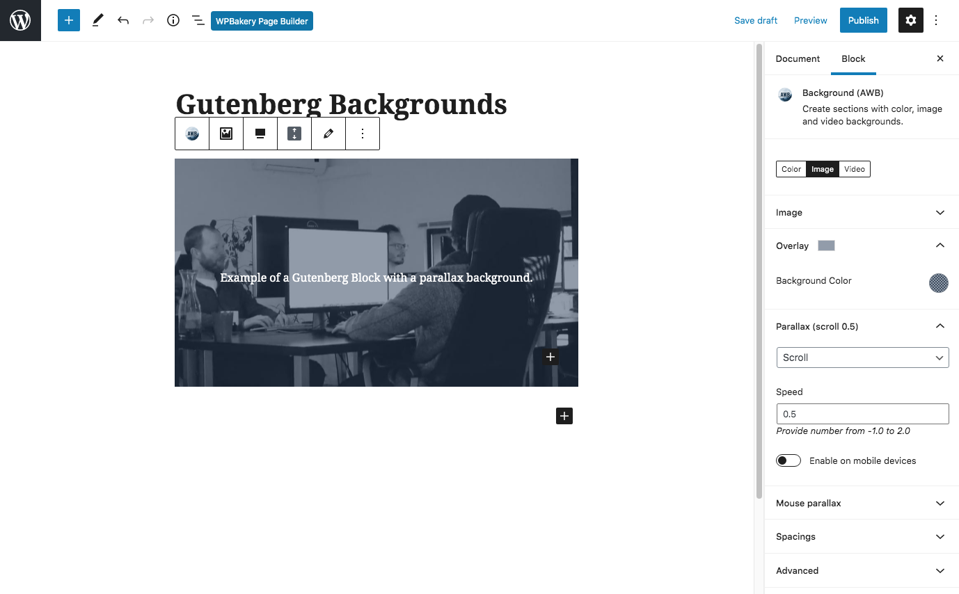 Configurações avançadas do Gutenberg de fundos do WordPress