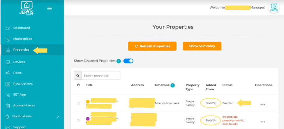 Properties page in Jervis Systems with "enabled" status on a property