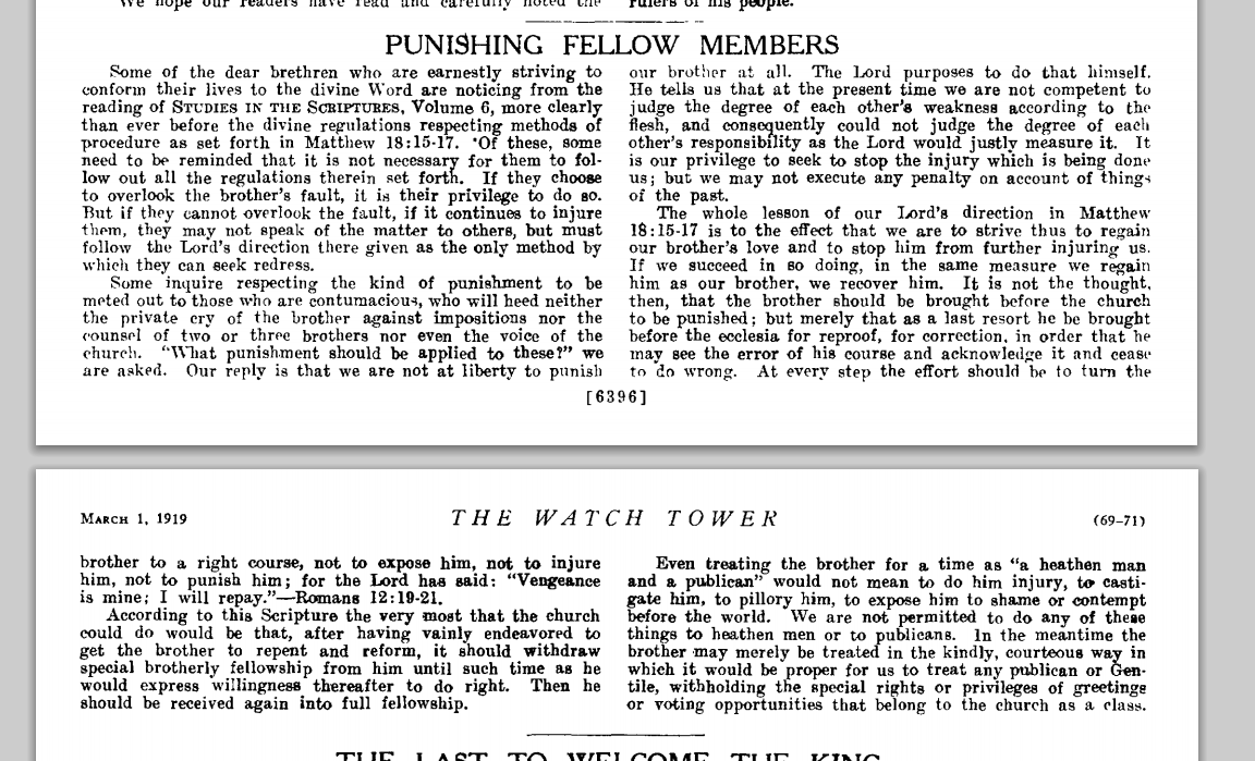 watchtower punishing fellow memember watchtower 1 march 1919 page 69.png