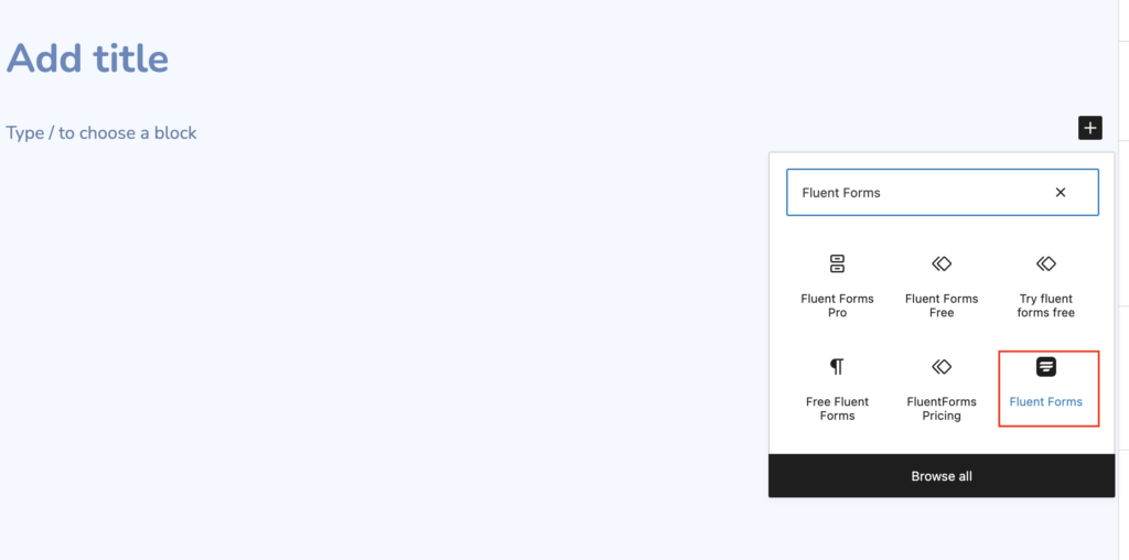 WordPress editor, fluent forms block