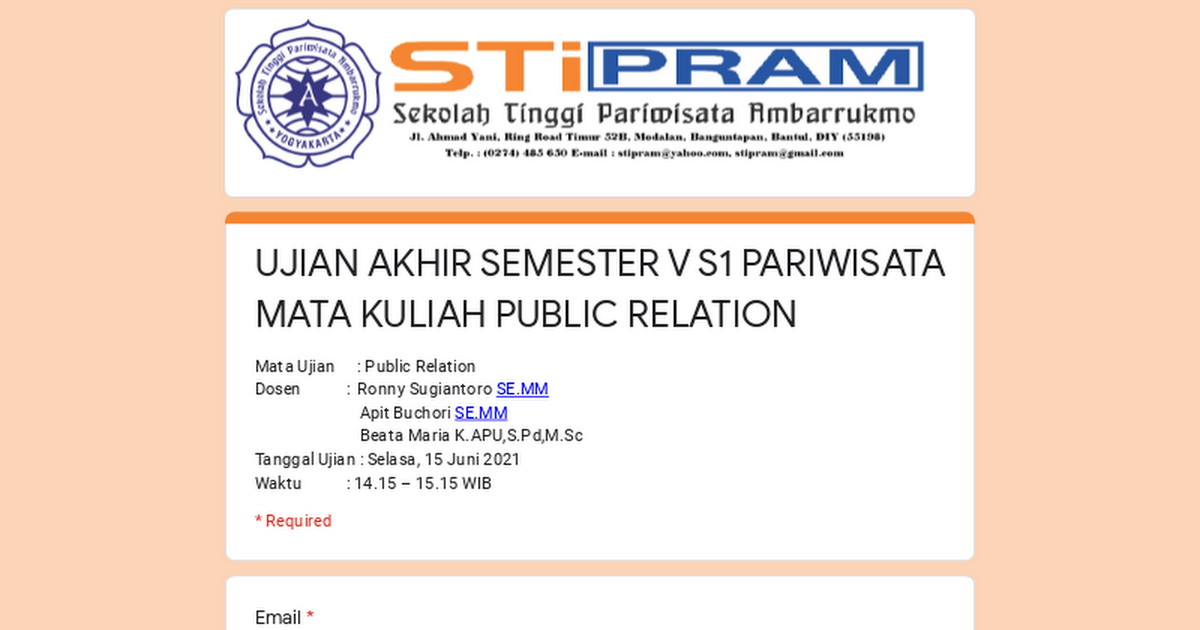Ujian Akhir Semester V S1 Pariwisata Mata Kuliah Public Relation