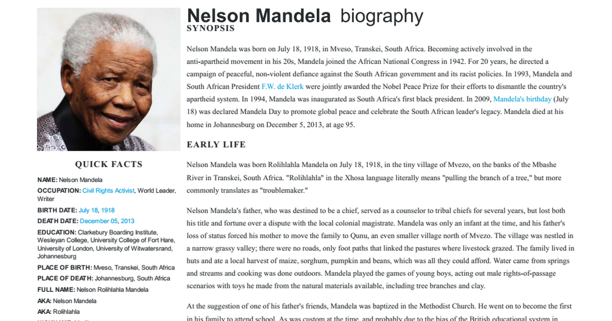 biography on nelson mandela in 200 words