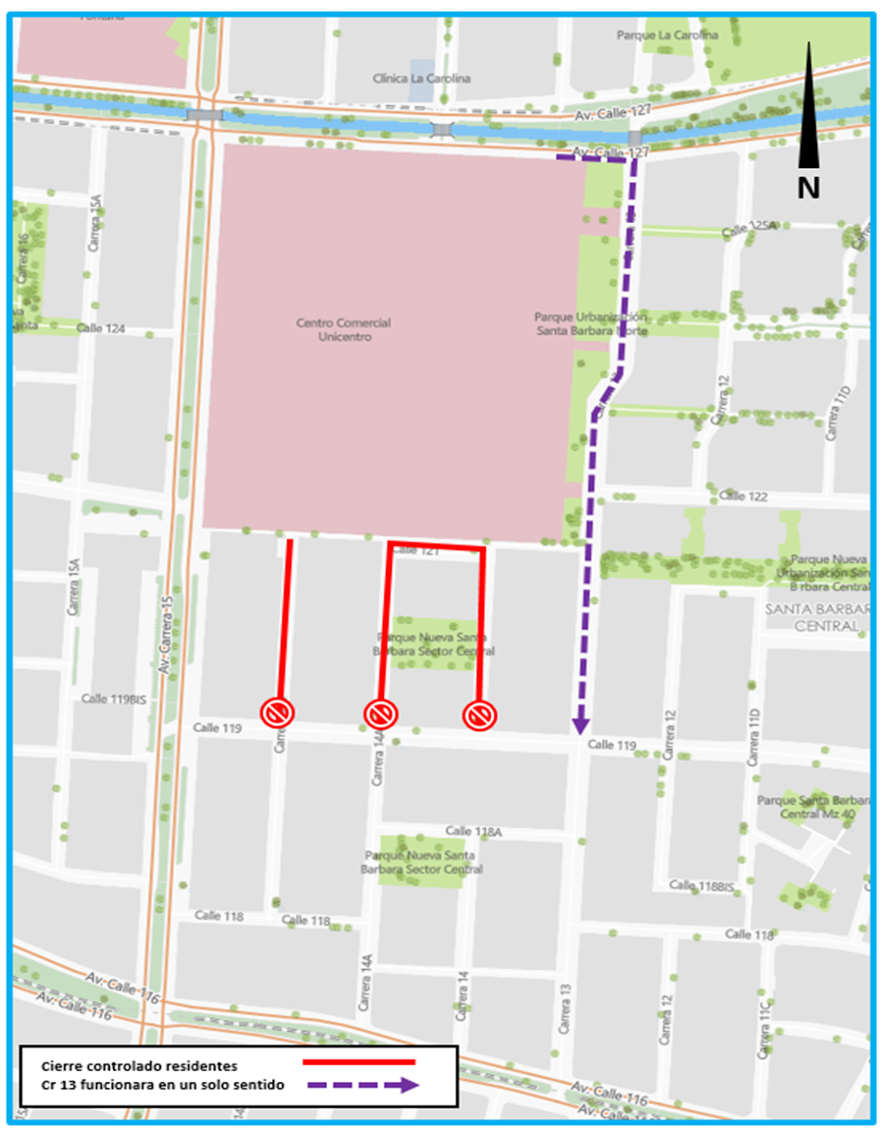 Mapa del cierre de vías en las inmediaciones del centro comercial Unicentro,