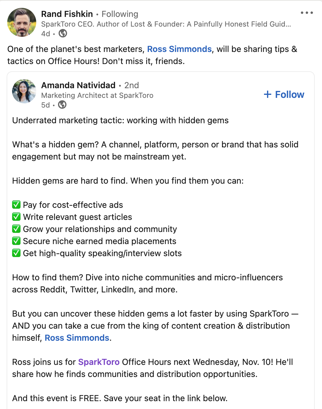 Rand Fishkin LinkedIn post collaboration