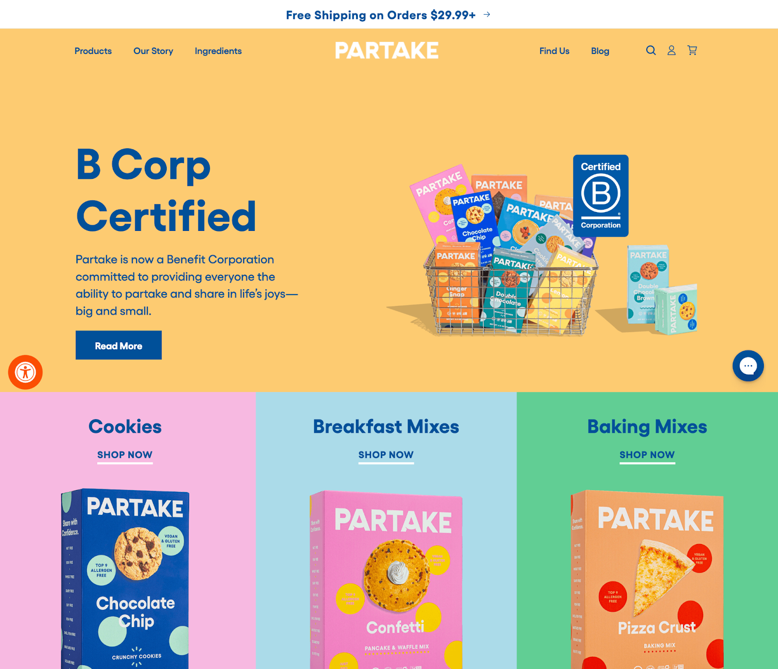 Support Black-owned businesses–A screenshot from Partake Foods’ homepage. The top of the page has a bright yellow background, images of their products in a shopping basket, and blue text that reads, “B Corp Certified. Partake is now a Benefit Corporation committed to providing everyone the ability to partake and share in life’s joys—big and small. Read More.” Below are three colored boxes featuring their various product lines: Cookies, Breakfast Mixes, and Baking Mixes. 