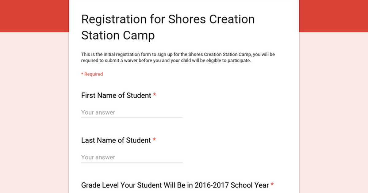 Registration for Shores Creation Station Camp 