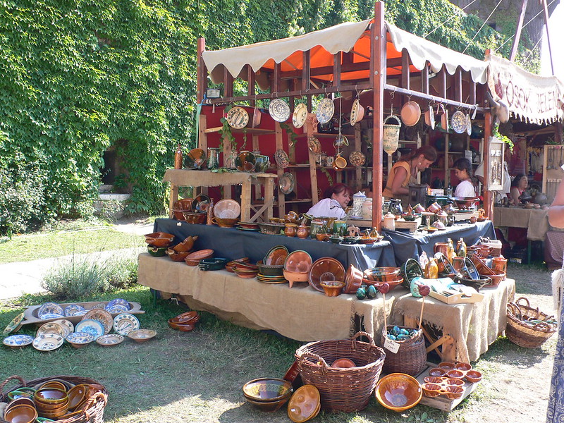A Hungarian Folk Shop selling pottery and woven baskets