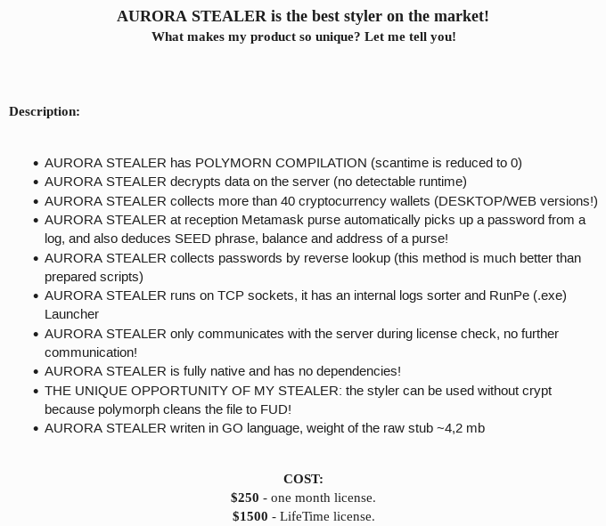 Advertisement for Aurora stealer on XSS forum (English version), published by KO7MO on September 8, 2022
