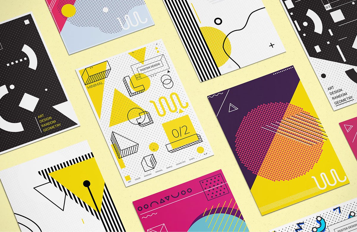Neon colored social media templates on a yellow background