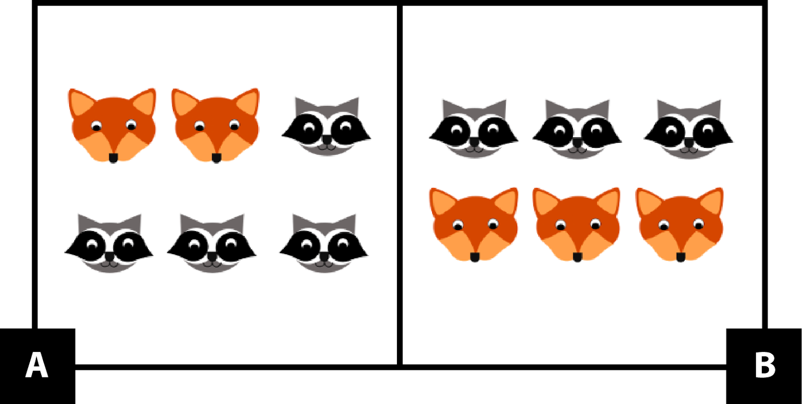 A. has 2 foxes and 1 raccoon in the top row and 3 raccoons in the bottom row. B. has 3 raccoons in the top row and 3 foxes in the bottom row.