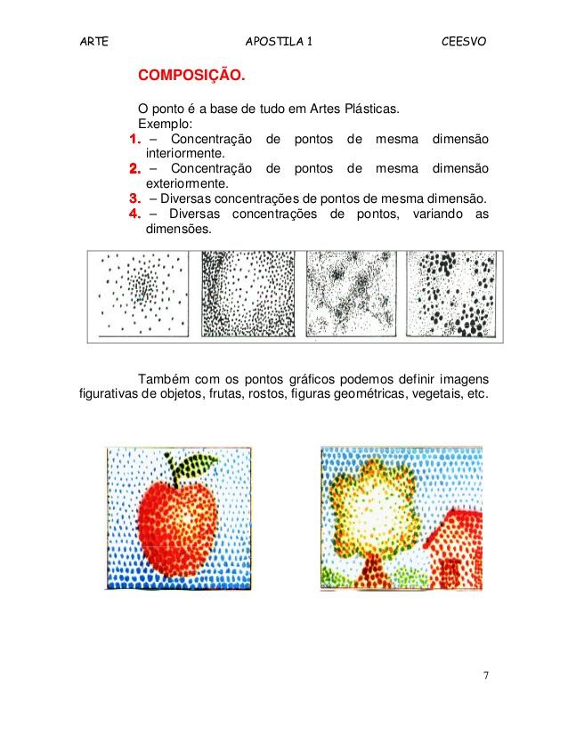 ARTE APOSTILA 1 CEESVO
7
COMPOSIÇÃO.
O ponto é a base de tudo em Artes Plásticas.
Exemplo:
1.1.1.1. – Concentração de pont...