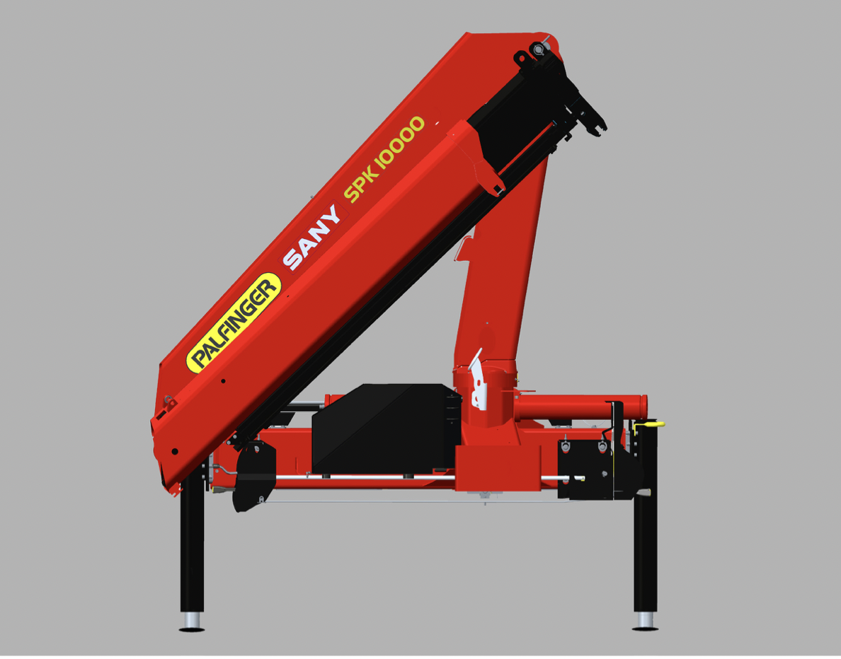 A red crane labeled with Palfinger, SANY, SPK 10000