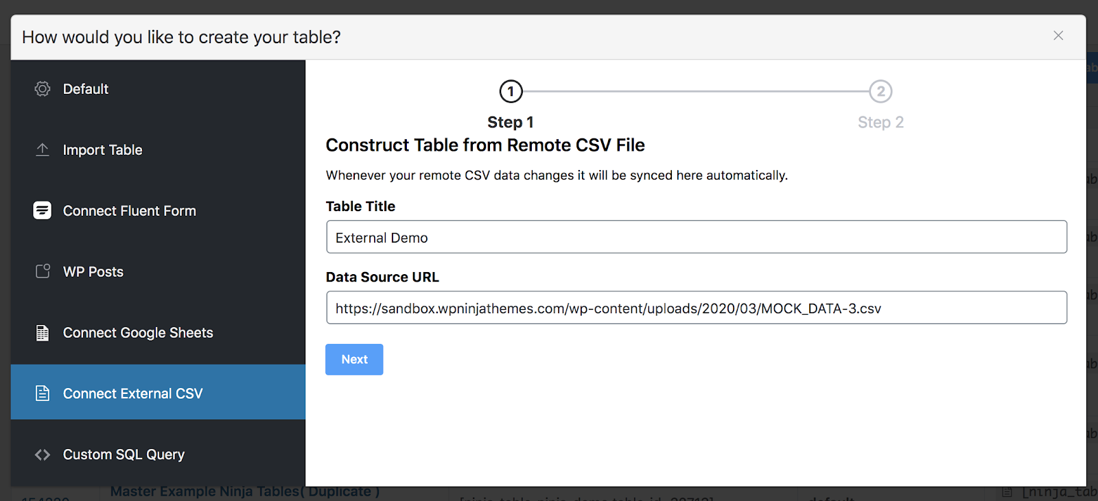 Create a table online with external CSV