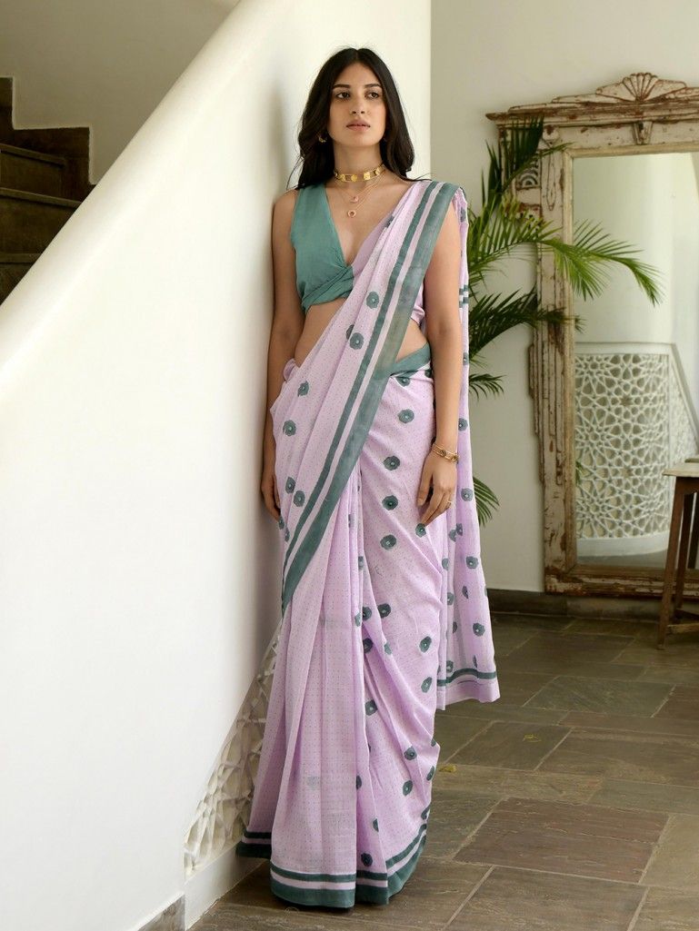 Green Lavendar Hand-block printed cotton silk saree