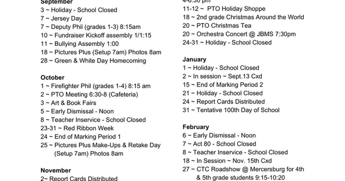 Mercersburg Elementary 2018-2019 Calendar of Events