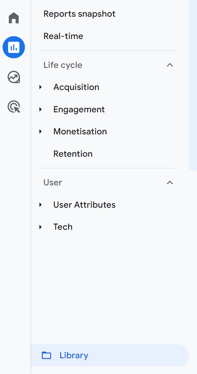 Google Analytics 4 (GA4) Reports workspace report menu highlighting the Library section at the bottom