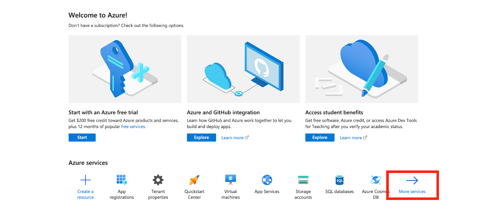 Welcome page for Microsoft Azure showing a variety of services and options, with 'More services' highlighted at the bottom.