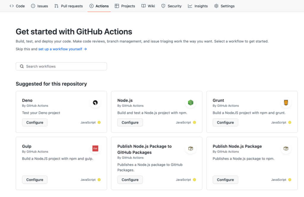 Screenshot of the GitHub Actions "Getting Started" page