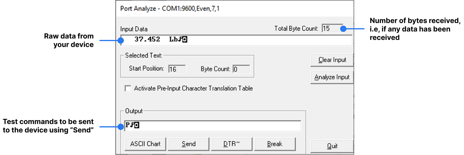 The “Input Data” field shows the raw data sent from your device. “Total Byte Count” tells you if any data has been received i.e. the number of bytes received. The “Output” field allows you to test commands to send to your device.