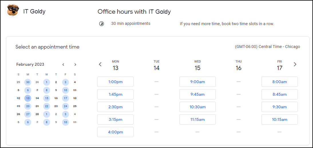 Screenshot of a bookable appointment page