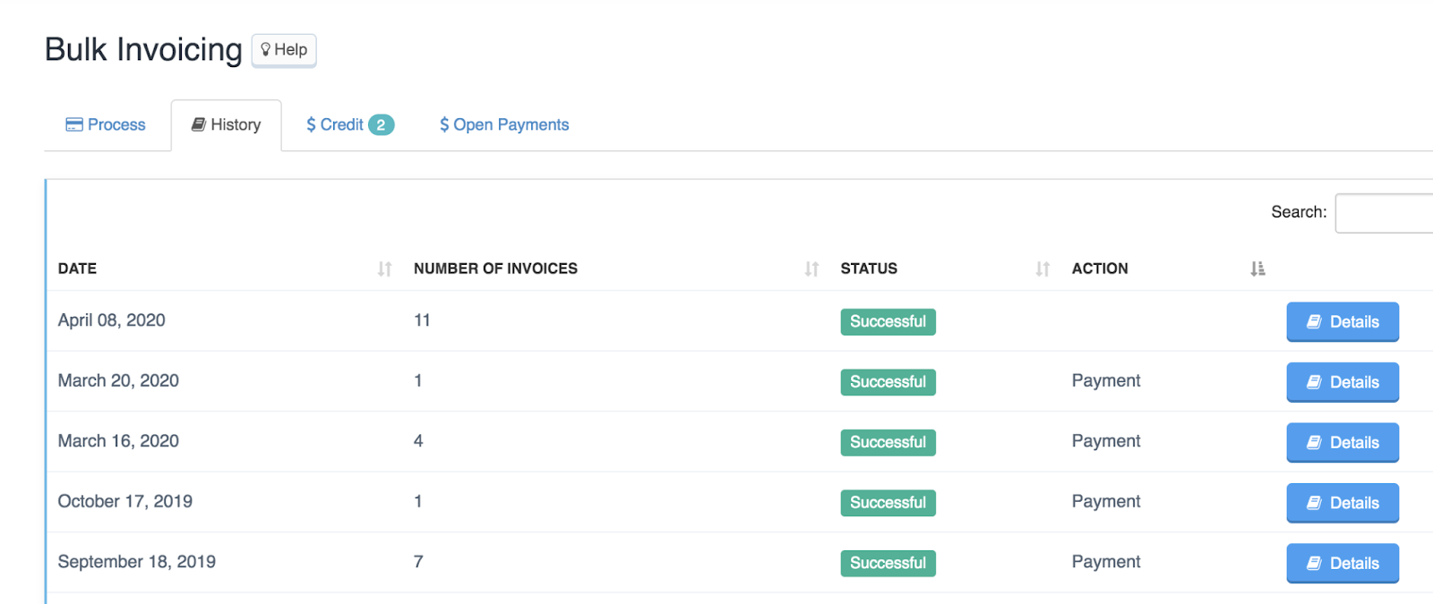 screenshot of bulk invoicing history tab
